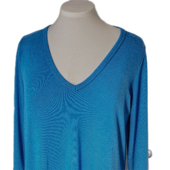 🆕 Karen Kane Knit Tunic High Low Slit each side V Neck Azure Blue NWT SZ M - Picture 2 of 10